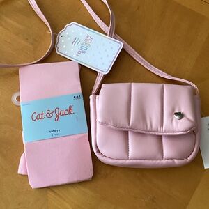 Cat & Jack Pink Quilted Heart Accent Crossbody Bag with Matching Tights